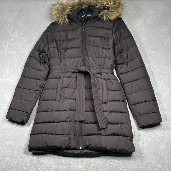 VTG HOLLISTER Quilted Belted Parka Jacket Women’s Medium Brown Faux Fur Trim - Picture 1 of 11